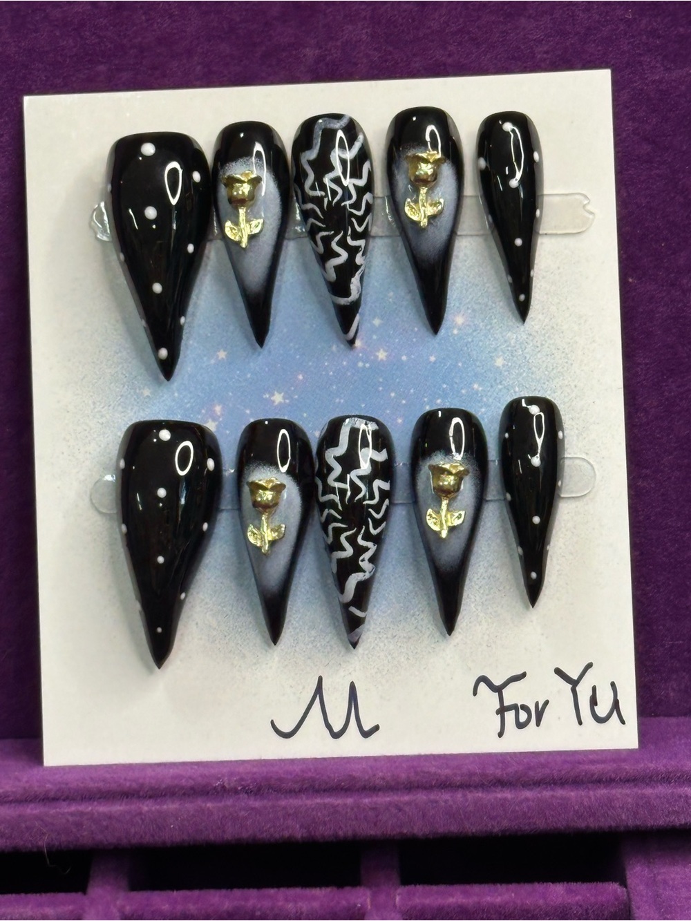 Handmade Black Dragon Claw Press-On Nails with Gold Rose Accent - Medium Size